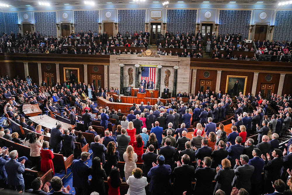 Republican members of Congress stand while Democrats keep their seats during President Donald Trump's State of the Union address to a joint session of Congress in the House chamber at the U.S. Capitol in Washington, Feb. 24, 2026. (AP/Matt Rourke)