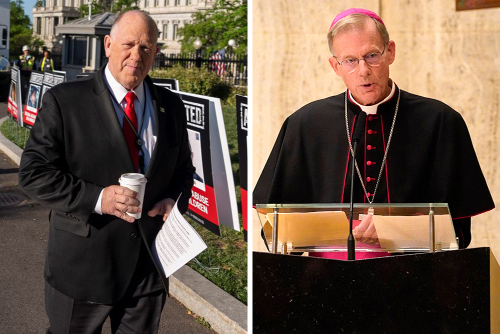 At left, White House border czar Tom Homan walks to do a television interview at the White House April 28, 2025, in Washington. At right, Archbishop John Wester of Santa Fe, New Mexico, offers a reflection on nuclear disarmament during a prayer service for U.N. diplomats at the Church of the Holy Family in New York City Sept. 12, 2022. (AP/Alex Brandon; OSV News/Gregory A. Shemitz)