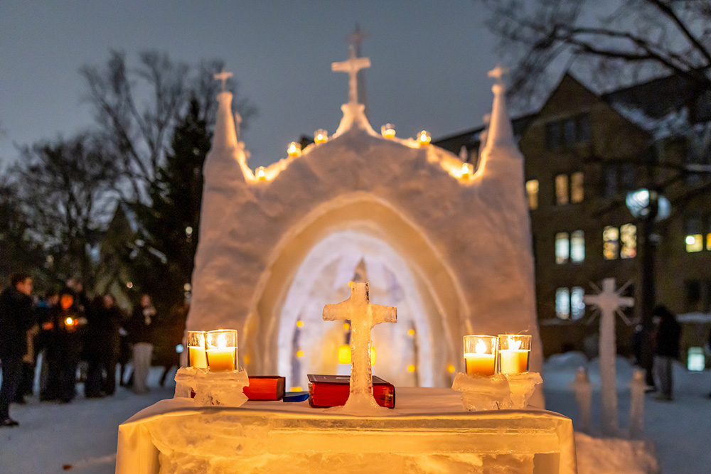 Students at the University of Notre Dame in Indiana built St. Olaf Chapel out of snow and ice on the campus' North Quad over six days at the end of January and the beginning of February 2026. (University of Notre Dame/Michael Caterina)