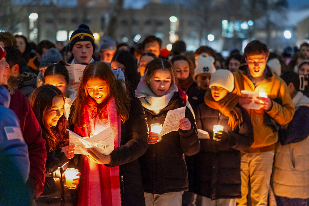 Students hold candles during an outdoor Mass at the University of Notre Dame Feb. 2, 2026. (University of Notre Dame/Michael Caterina)