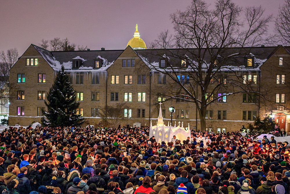 Approximately 2,000 students and members of the South Bend community attend an outdoor Mass at St. Olaf Chapel, a student-constructed ice structure on the North Quad at the University of Notre Dame in Indiana Feb. 2, 2026. (University of Notre Dame/Matt Cashore)