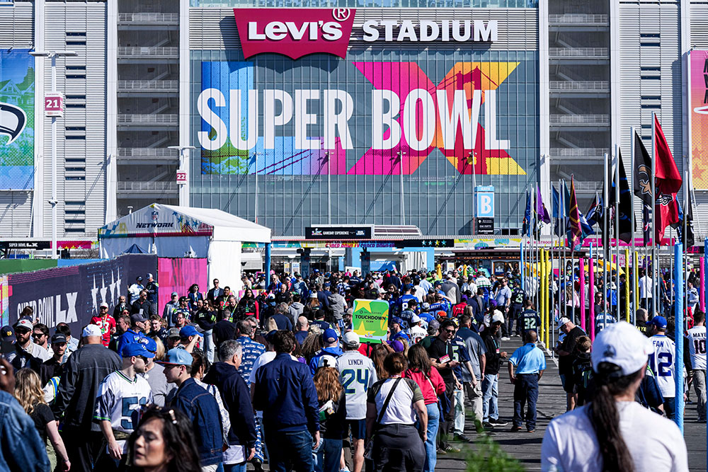 Fans arrive before the NFL Super Bowl 60 football game between the Seattle Seahawks and the New England Patriots Feb. 8, 2026, in Santa Clara, Calif. (AP/Lynne Sladky)