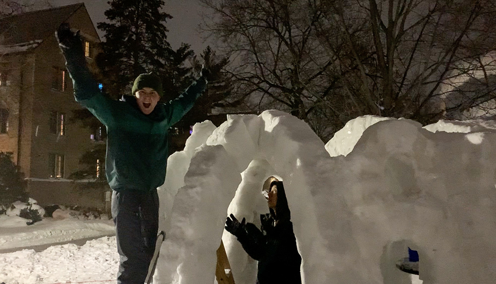 Students work on constructing St. Olaf Chapel out of ice and snow on the North Quad of the University of Notre Dame in January 2026. (Wesley Buonerba)
