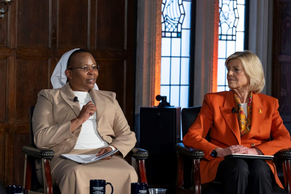 Little Sisters of St. Francis Sr. Jane Wakahiu (left) speaks as NBC News correspondent Anne Thompson  listens at the "Catholic Women's Leadership to Advance the Common Good" panel at Georgetown University March 9. (Georgetown University/Lisa Helfert)