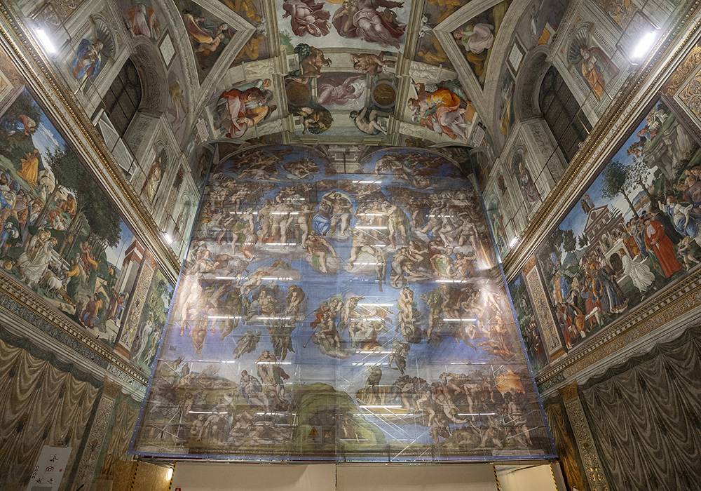 Scaffolding covers Michelangelo's "The Last Judgment" during extraordinary maintenance work undertaken by the Vatican Museums. (Courtesy of the Governorate of Vatican City State)