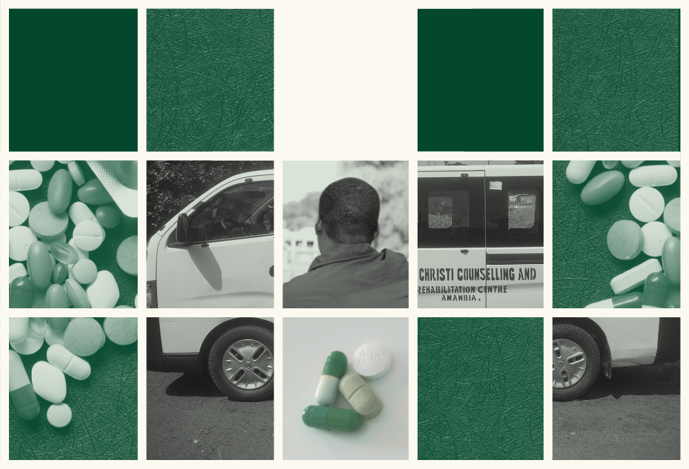 Green and black-and-white illustration graphic with photos of a van, pills and the back of a young man's head (GSR graphic/Olivia Bardo; vehicle photo by John Chukwu)