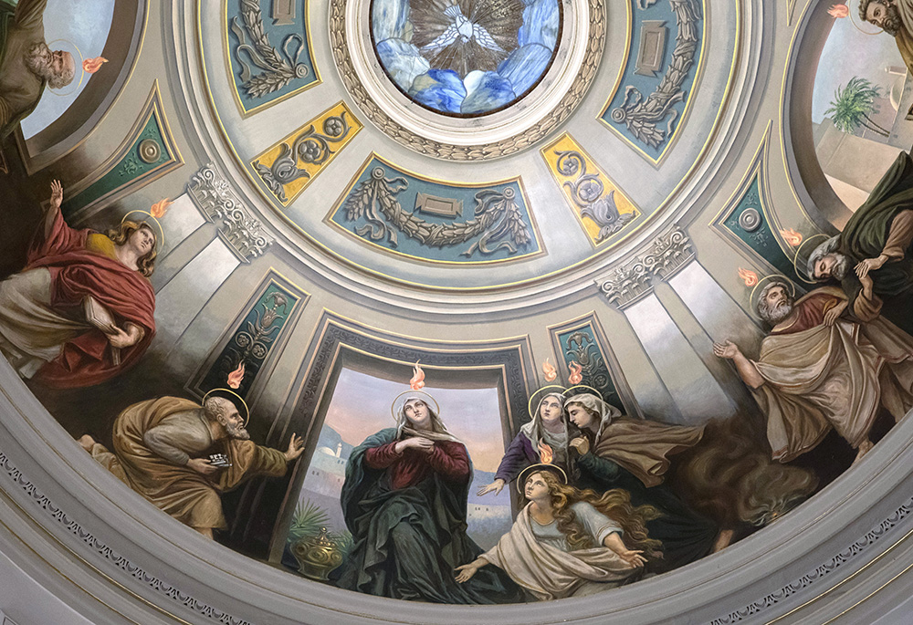 A painting on the ceiling of St. Catherine Church in Spring Lake, New Jersey, depicts the Holy Spirit descending upon the apostles. (CNS/Octavio Duran)