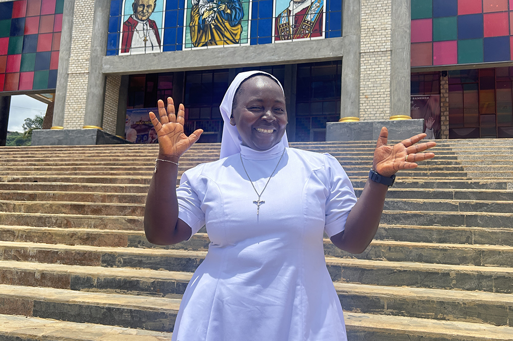 Sr. Felicitas Lukong stands at the spot where Pope Leo XIV addressed the faithful in Bamenda, Cameroon, reflecting on the impact of his visit one year later. (GSR photo/Doreen Ajiambo)