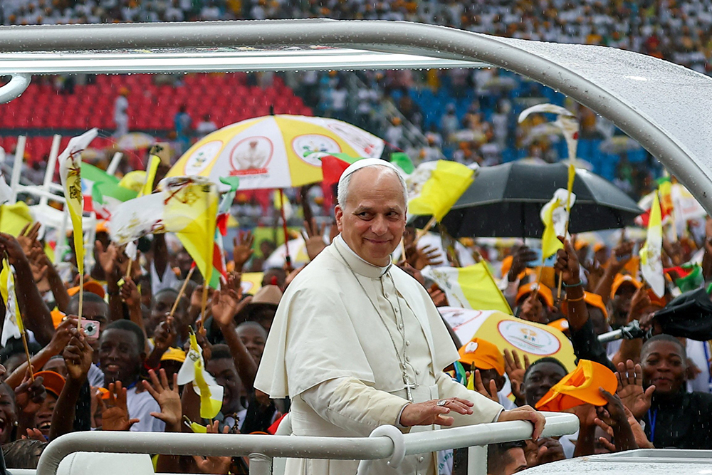 Pope Leo XIV smiles as he arrives at Bata Stadium in Equatorial Guinea, April 22, 2026, for a meeting with young people and families. (OSV News/Reuters/Kevin Thoma)
