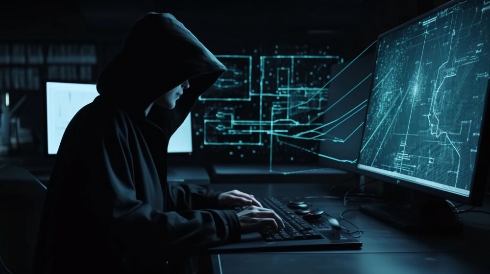 A hooded figure sits in dark room in front of lit-up computer