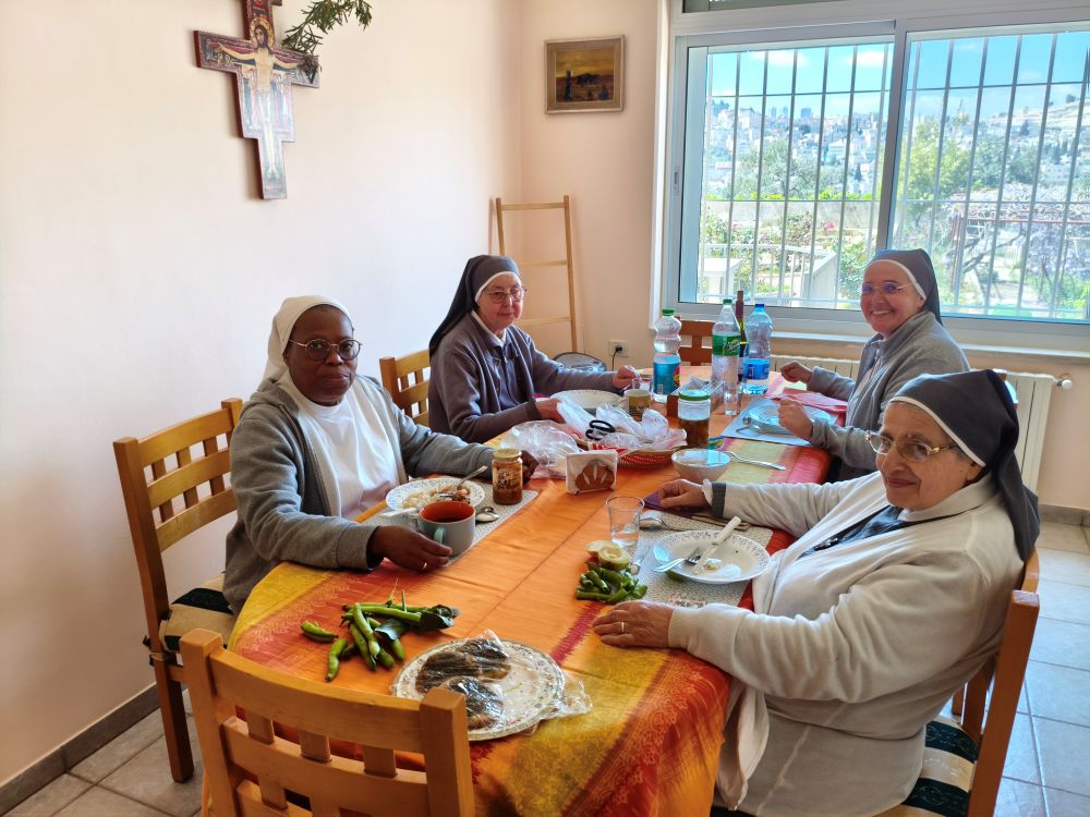 During the U.S. and Israel war with Iran, Daughters of Our Lady of Sorrows Srs. (from left) Yvette Falanka, 51, from Congo; Camille Fermina Herraiz Martinez, 80, from Spain; home assistant manager Sr. Claire-Emmanuel Pontroué, 55, from France; and Sr. Marie-André Ata, 80, originally from Lebanon, "put their lives in the hands of God" and trusted in prayer as they cared for their 26 charges at the Home Notre Dame des Douleurs senior care home in Jerusalem. (Judith Sudilovsky)