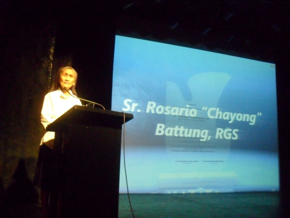 Good Shepherd Sr. Rosario Battung is recognized during an event marking the 40th anniversary of the Task Force Datainees of the Philippines, a human rights organization, at St. Joseph's College in Quezon City. (Courtesy of RGS Philippines-Japan Secretariat Office)