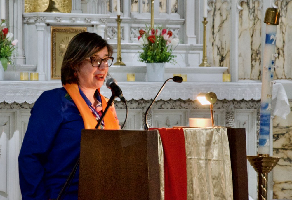 Keynote speaker Natalia Imperatori-Lee speaks May 22, 2026, at the Women's Ordination Conference's 50th anniversary celebration in Detroit. (GSR photo/Dan Stockman)