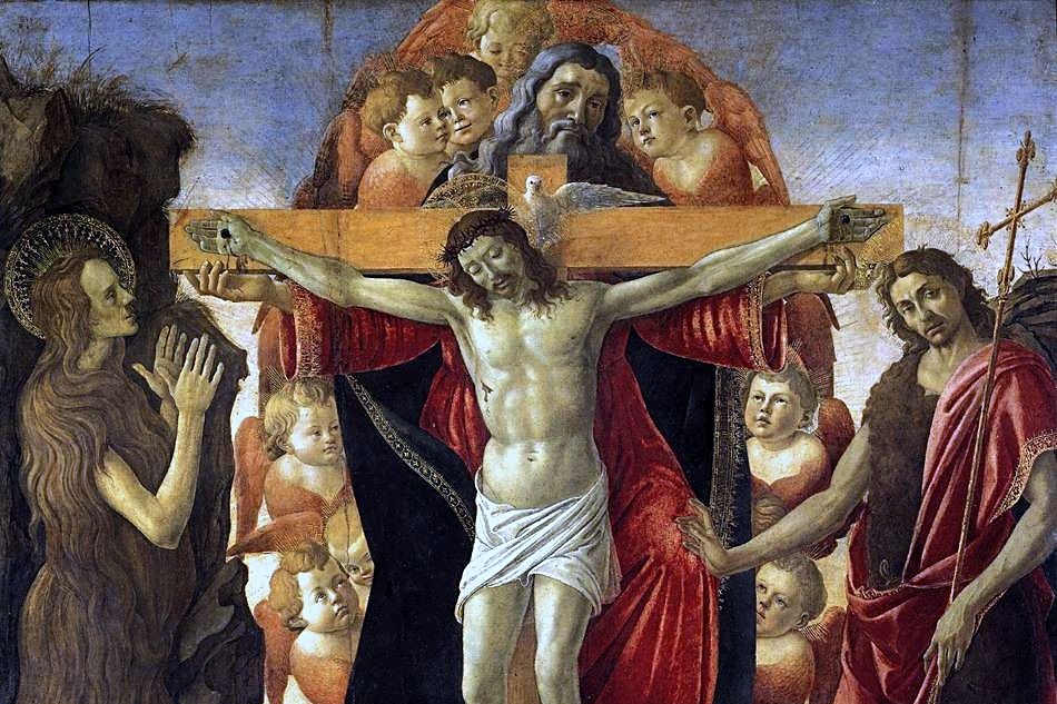 La Santísima Trinidad con María Magdalena, san Juan Bautista, Tobías y el ángel (Pala delle Convertite), temple sobre madera, Sandro Botticelli, ca. 1491-1493. Obra recortada. (Foto: Wikimedia Commons/obra de dominio público)