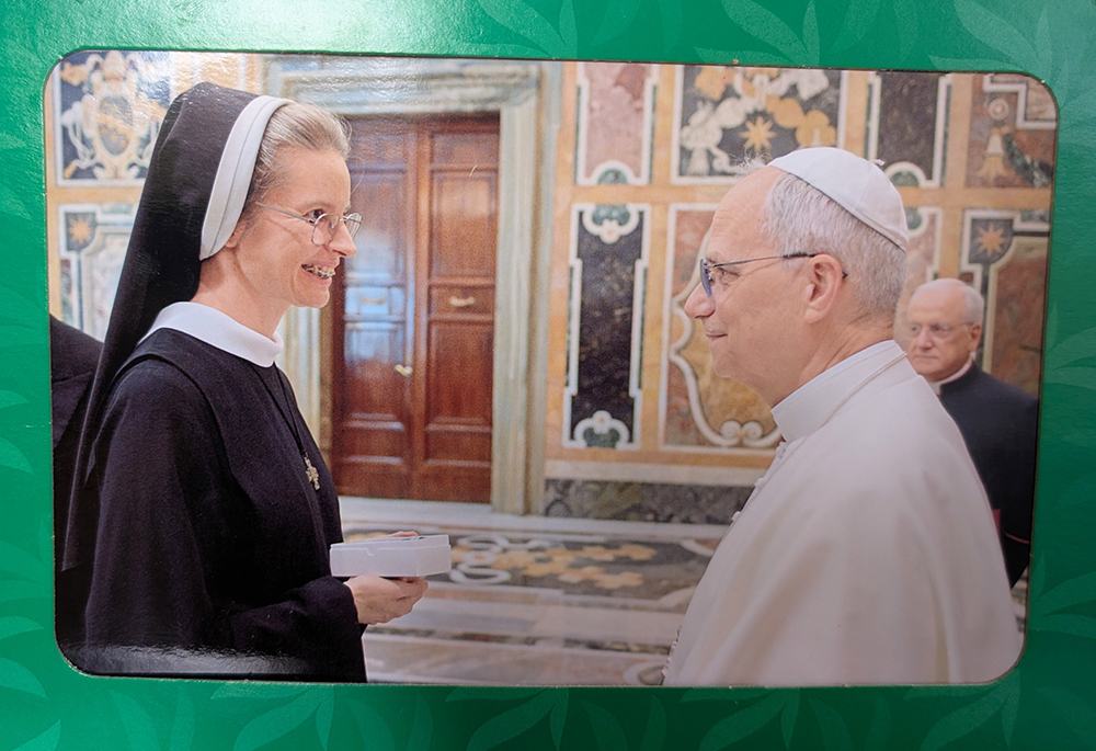 Basilian Sr. Emanujilla Vishka is pictured in a private audience with Pope Leo XIV on June 30, 2025 at the Vatican. The framed photo sits on Vishka's desk. (Courtesy of Emanujilla Vishka)