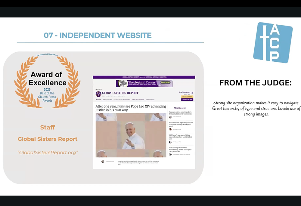 Global Sisters Report won the award of excellence for best independent website by the Associated Church Press. (NCR screenshot/YouTube)