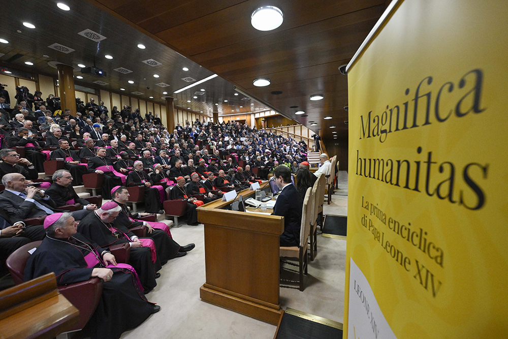 Cardinals attend the presentation of "Magnifica Humanitas" at the Vatican's Synod Hall May 25, 2026, the first encyclical of Pope Leo XIV's papacy. (OSV News/Vatican Media/Simone Risoluti)