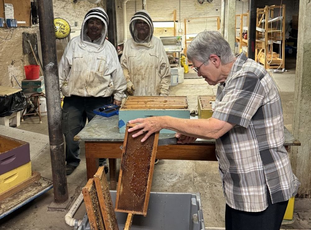 Sr. Helen Mueting extracts honey at Mount St. Scholastica Monastery in fall 2024. Last year's honey crop totaled a little over 900 pounds. (Courtesy of Mount St. Scholastica)