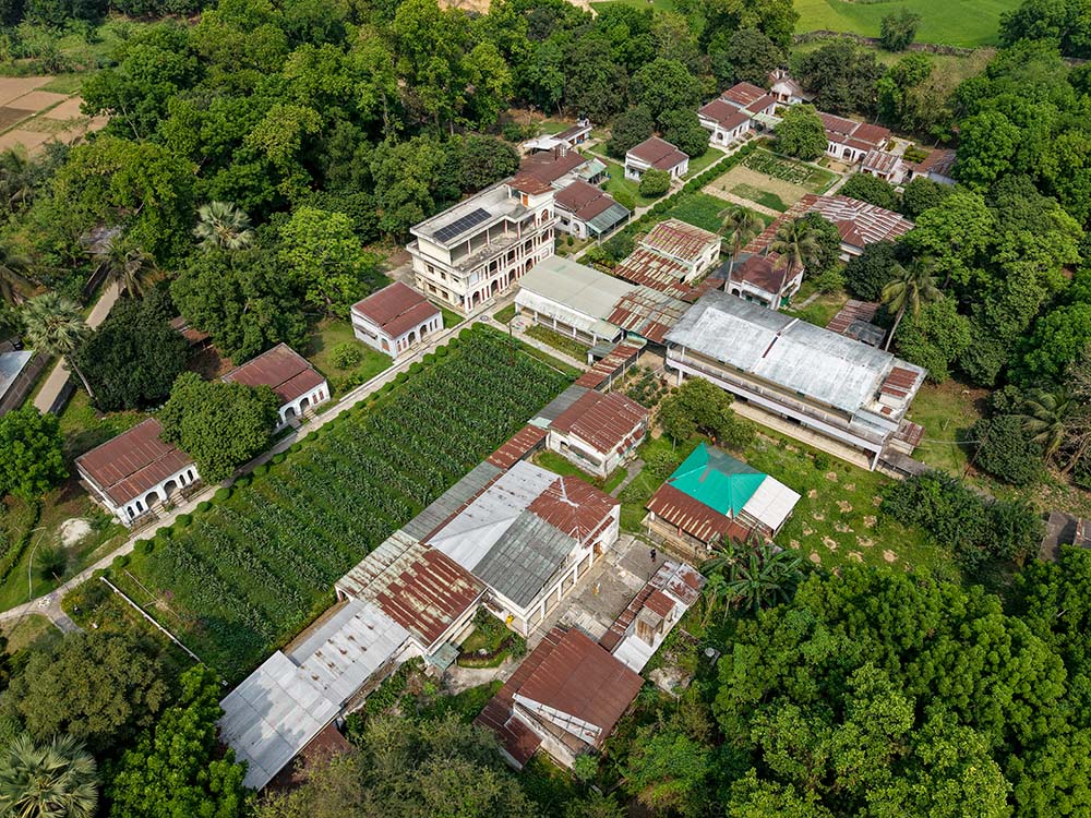 An aerial view shows the layout of the Dhanjuri Leprosy Center, which includes treatment wards, a therapy center and staff residences. (Piyas Biswas)