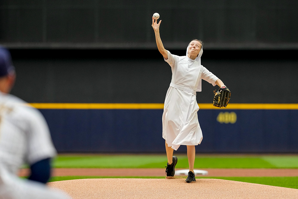 Salesian Sr. Kaitlin Trokan throws out the first pitch at the Milwaukee Brewers game June 14, 2026. (Courtesy of Milwaukee Brewers)
