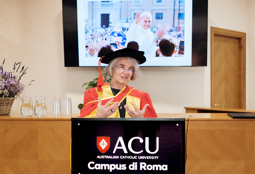 Sr. Nathalie Becquart, undersecretary of the Synod of Bishops, was awarded an honorary doctorate from Australian Catholic University. She was honored in a degree ceremony at the university's Rome campus on May 28, 2026. (Courtesy of Australian Catholic University)