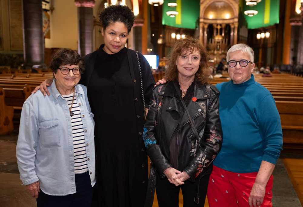 From left: Sr. Helen Prejean, Dead Man Walking author; Catherine Anyango Grünewald, illustrator for the new graphic edition; actress Susan Sarandon, who portrayed Prejean in the 1996 film; and Rose Vines, who adapted the text for the graphic novel, pose Nov. 6, 2025, at the book launch in Manhattan. (Fordham University/Leo Sorel)