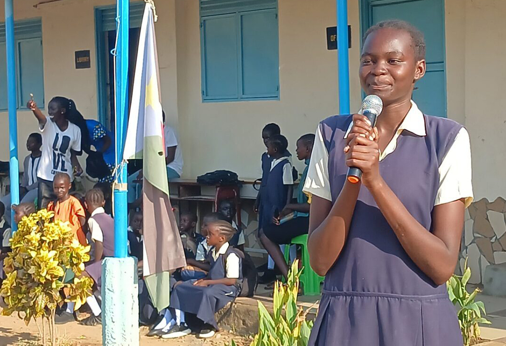A student leader addressing her classmates at the St. Vincent De Paul School, which is run by the Salesian sisters in Gumbo, South Sudan. (Courtesy of Salesian Missions)