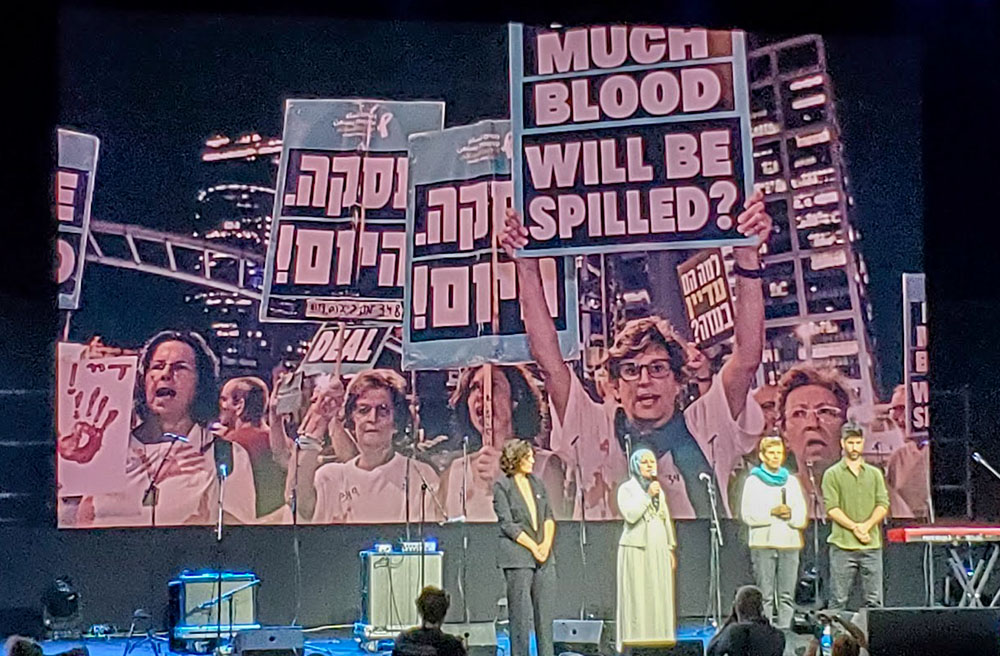 Women Wage Peace leaders speak at the People’s Peace Summit 2025 in Jerusalem. (M.A. Kirk)