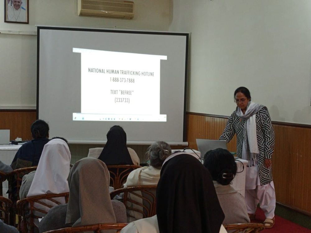 Sr. Catherine Gill leads an orientation session on Talitha Kum with major religious superiors in Lahore, Pakistan, on Feb. 4, 2025. (Courtesy of Catherine Gill)