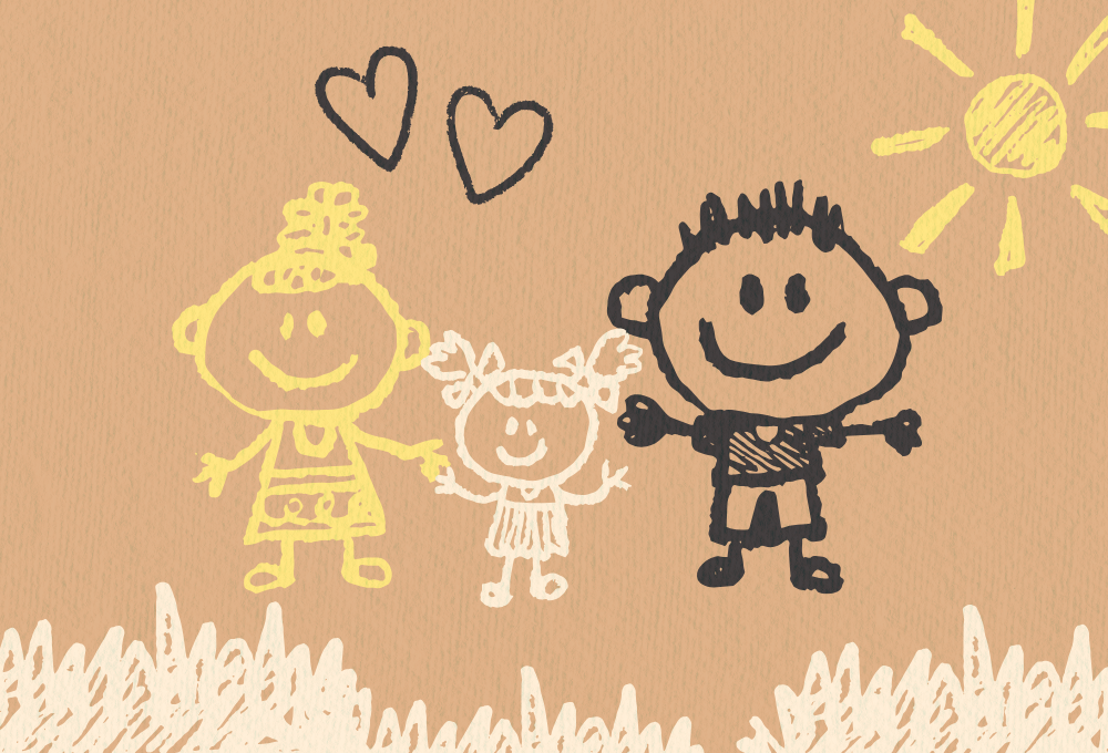 A Global Sisters Report graphic shows a child's drawing of a girl with her mom and dad, with the sun in the air and two hearts above them. (GSR graphic/Olivia Bardo)