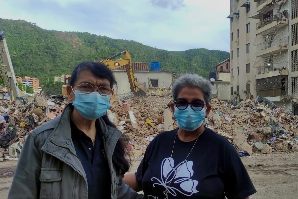 Sr. Emma Panizales, left, and Sr. Maigualida Riera of the Medical Missionaries of Venezuela are pictured during a visit to Caraballeda, an area impacted by the June 24, 2026, earthquakes in La Guaira state. (Courtesy of the Medical Missionaries of Venezuela)