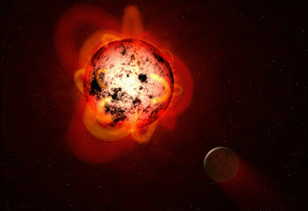 This illustration shows a red dwarf star orbited by a hypothetical exoplanet. (Unsplash/NASA Hubble Space Telescope/ESA/G. Bacon)