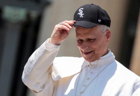 Pope Leo XIV wears a Chicago White Sox baseball cap during his weekly general audience in St. Peter's Square at the Vatican, June 11, 2025. (OSV News/Reuters/Remo Casilli)
