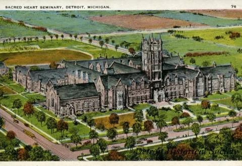 A color postcard circa 1925 depicts an aerial view of Sacred Heart Seminary.  (Courtesy of Detroit Historical Society)