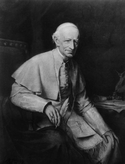 This portrait of Pope Leo XIII, pontiff from 1878 to 1903, shows him holding a quill pen. In 1891, Pope Leo XIII articulated his vision of Catholic social teaching impacting the affairs of our world. (CNS/Library of Congress)