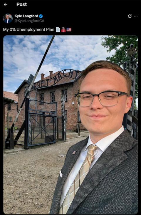 Screenshot of Kyle Langford’s July 25 post on X, suggesting that the Auschwitz-Birkenau camp was his solution to dealing with California’s homeless and unemployed populations. (NCR screenshot)