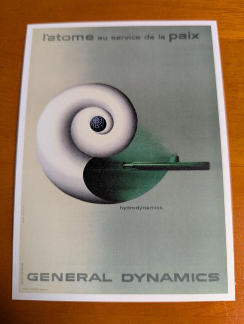 Erik Nitsche's rendition of the first nuclear submarine, Nautilus, emerging from a nautilus shell — ironically, as part of General Dynamics' "Atoms for Peace" poster series. Nitsche wasn't privy to the appearance of an actual nuclear submarine, so this sleek version was entirely his conjecture. (Mary Ann Cejka)