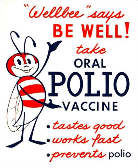 This 1963 poster featured the Centers for Disease Control and Prevention's national symbol of public health, the "Wellbee," who was depicted here encouraging the public to receive an oral polio vaccine. (Wikimedia Commons/CDC/ Mary Hilpertshauser)