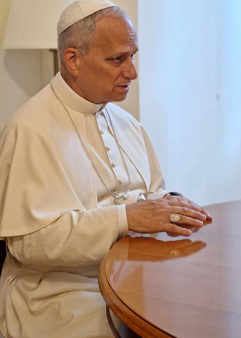 Pope Leo XIV speaks with Elise Ann Allen of Crux on July 30, 2025. (Crux photo)