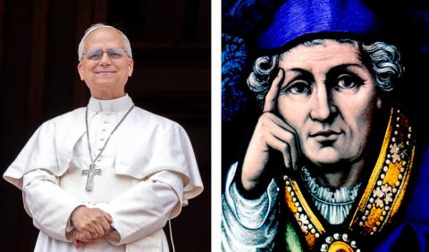 This is a combination of Pope Leo XIV looking out to the crowd from the central balcony of St. Peter's Basilica at the Vatican as he leads the midday recitation of the "Regina Coeli" prayer for the first time May 11, 2025, and St. Augustine of Hippo depicted in this stained-glass art in Winnipeg, Manitoba. (OSV News/CNS/Lola Gomez/Crosiers)