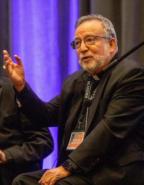 Bishop Jaime Soto of Sacramento, Calif., speaks at a National Catholic Association of Diocesan Directors for Hispanic Ministry conference in Houston Oct. 11, 2023. (OSV News/Texas Catholic Herald/James Ramos)