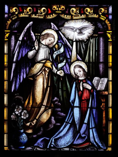 The appearance of the angel Gabriel to Mary proclaiming that she is to be the mother of Jesus is depicted in a stained-glass window at St. Therese of Lisieux Church in Montauk, N.Y. (OSV News/Gregory A. Shemitz)