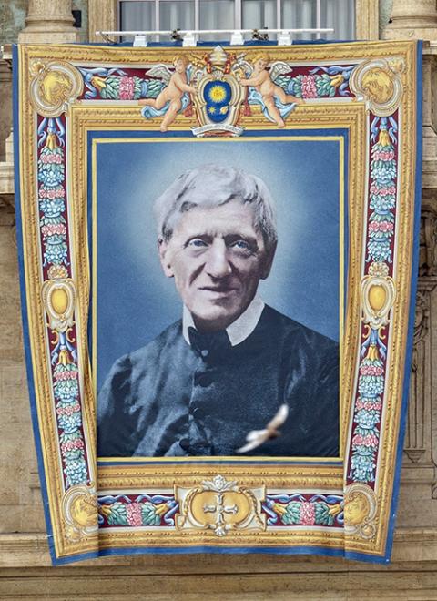A banner of Blessed John Henry Newman hangs on the facade of St. Peter's Basilica at the Vatican Oct. 10, 2019, ahead of his Oct. 13 canonization that year. (CNS/Junno Arocho Esteves)