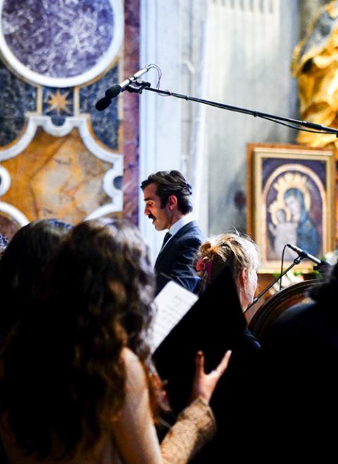 Joey Chancey, director of the choir of New York's Church of St. Paul the Apostle, in St. Peter's Basilica (Caitlin Long)