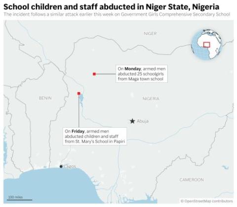 Map of Nigeria marks locations of recent abductions.