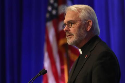 Archbishop Paul Coakley of Oklahoma City, chair of the U.S. bishops' Committee on Priorities and Plans, speaks during a Nov. 13, 2024, session of the fall general assembly of the U.S. Conference of Catholic Bishops in Baltimore. (OSV News/Bob Roller)