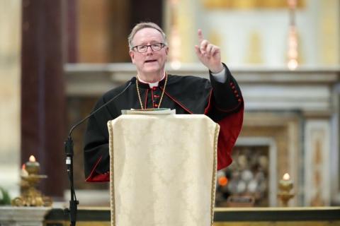 Bishop Robert E. Barron of Winona-Rochester, Minnesota, gives the keynote address during the USA National Jubilee Pilgrim Gathering at the Basilica of St. Paul Outside the Walls in Rome July 30, 2025. (CNS/Lola Gomez)
