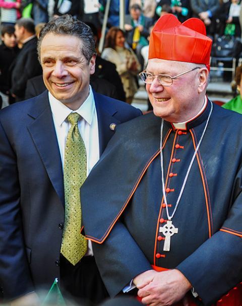 Then-Gov. Andrew Cuomo is seen with Cardinal Timothy Dolan March 17, 2016, during the St. Patrick's Day Parade in New York City. (CNS/The Tablet/Ed Wilkinson)