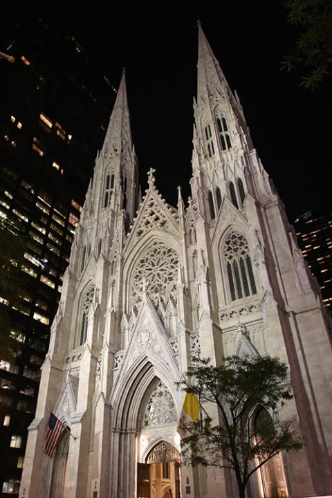 The exterior of St. Patrick's Cathedral in New York City is seen at nighttime. (OSV News/Gregory A. Shemitz)