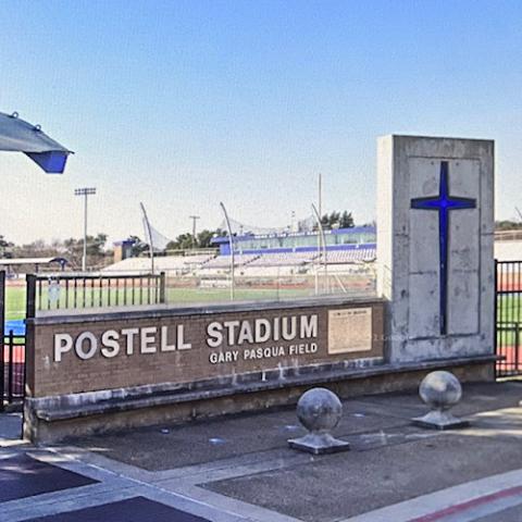 The entrance to the stadium at Jesuit College Preparatory School of Dallas, before Fr. Philip Postell's name was removed in 2022 (Courtesy of Mike Pedevilla)